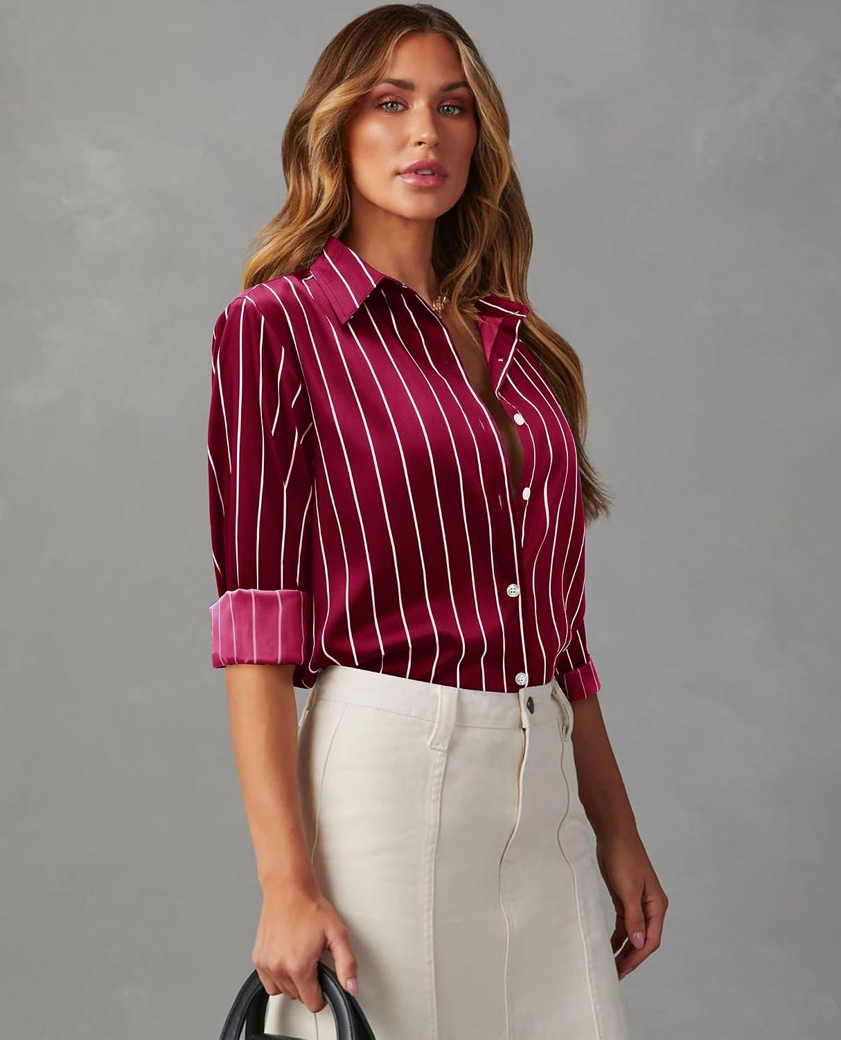 image:imageWomen Silk Blouse Striped Button Down Shirt Satin Long Sleeve Dress ShirtBurgundy Striped