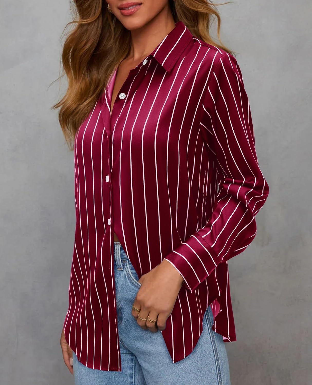 image:imageWomen Silk Blouse Striped Button Down Shirt Satin Long Sleeve Dress ShirtBurgundy Striped