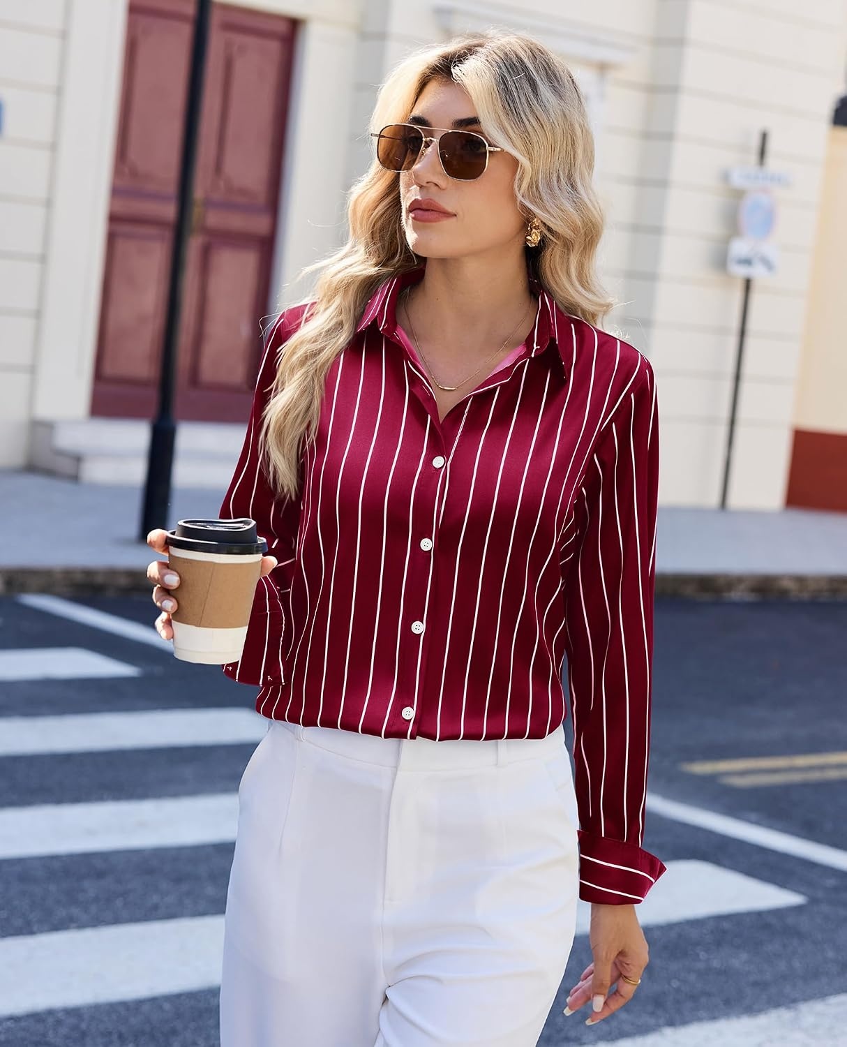 image:imageWomen Silk Blouse Striped Button Down Shirt Satin Long Sleeve Dress ShirtBurgundy Striped