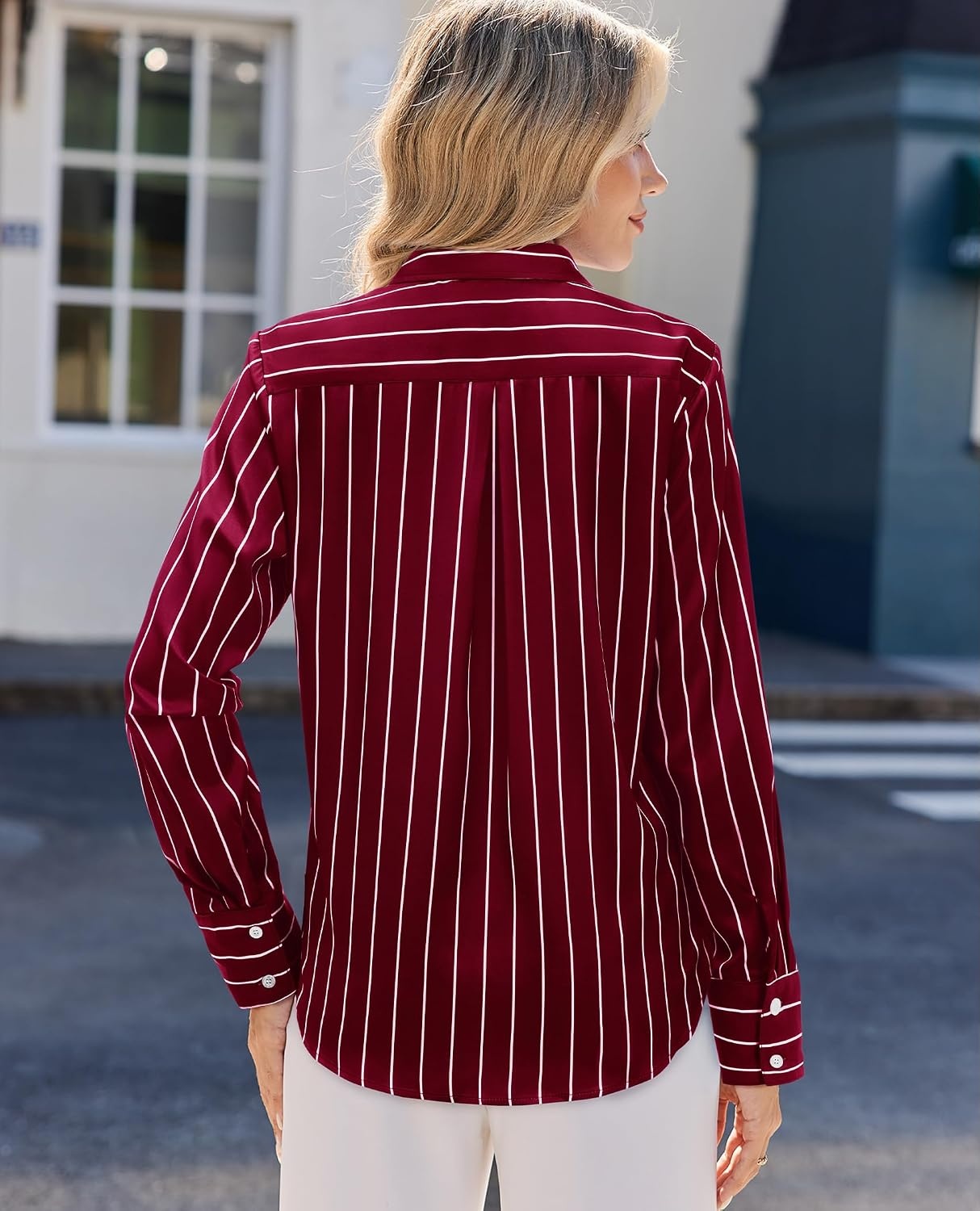 image:imageWomen Silk Blouse Striped Button Down Shirt Satin Long Sleeve Dress ShirtBurgundy Striped