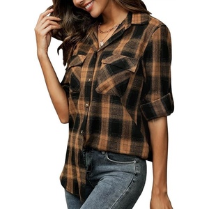 siliteelon Plaid Flannel Shirts for Women Long Sleeve Button Down Shirt(Brown Black Plaid)
