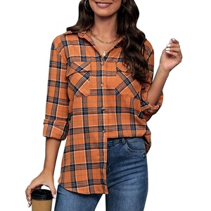 siliteelon Plaid Flannel Shirts for Women Long Sleeve Button Down Shirt(Orange Blue Plaid)