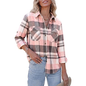 siliteelon Plaid Flannel Shirts for Women Long Sleeve Button Down Shirt(Pink White)