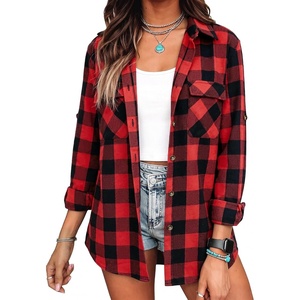 siliteelon Plaid Flannel Shirts for Women Long Sleeve Button Down Shirt(Red Black Pliad)
